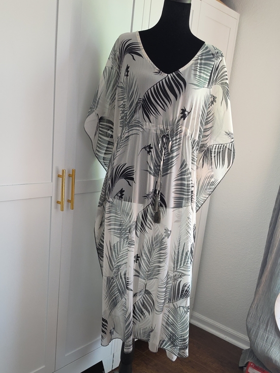Kona Sol Other - Kona Sol White & Green Kaftan with Green Palm Print Coverup